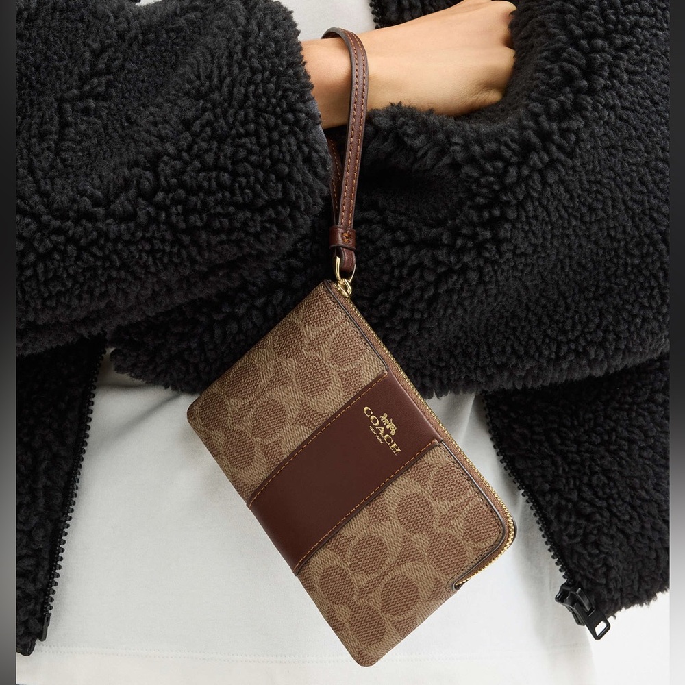 Coach Corner Zip Wristlet in Signature Brown Canvas